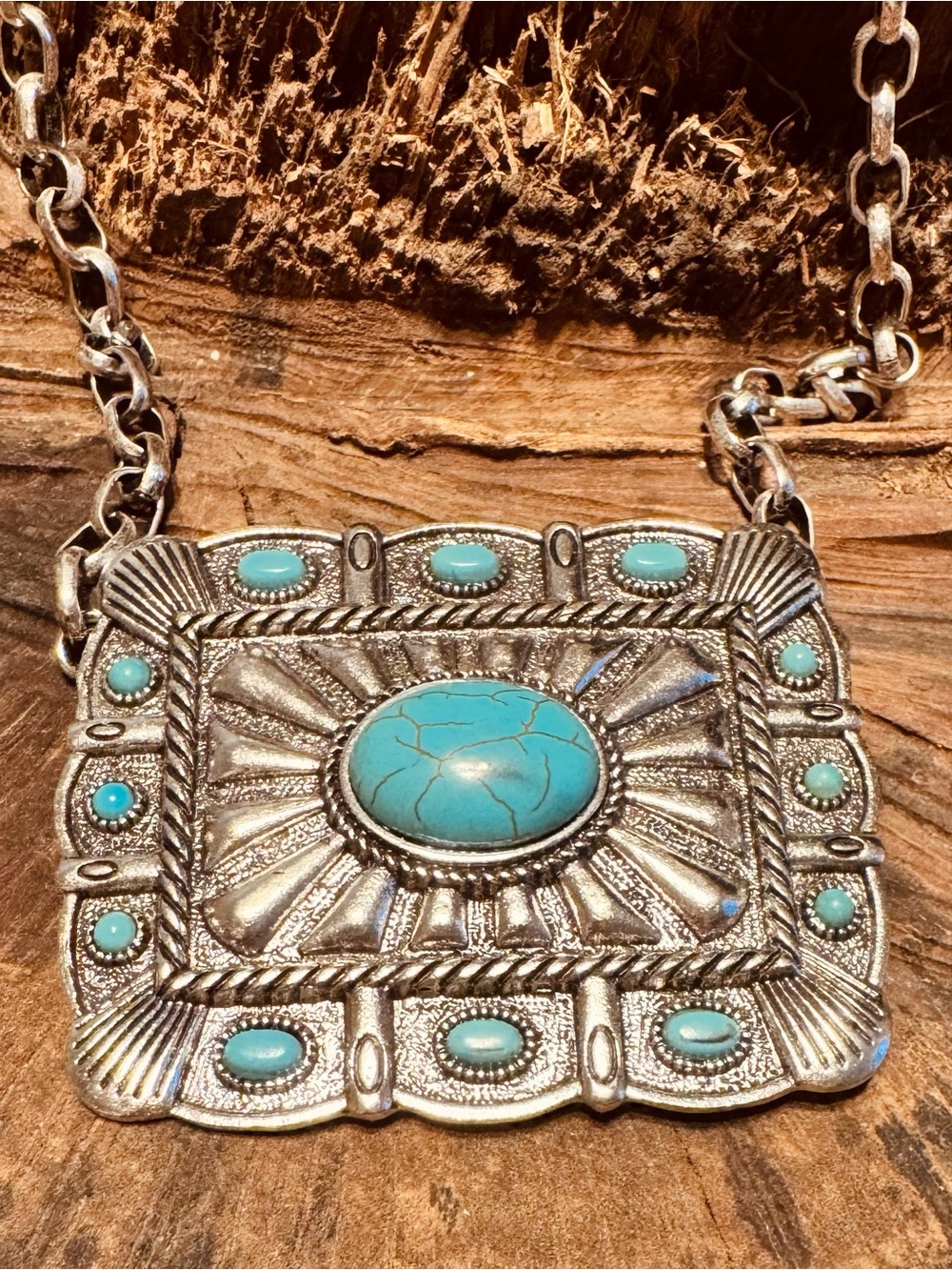 Turquoise Stone Silver-Tone Statement Necklace - Women Jewelry